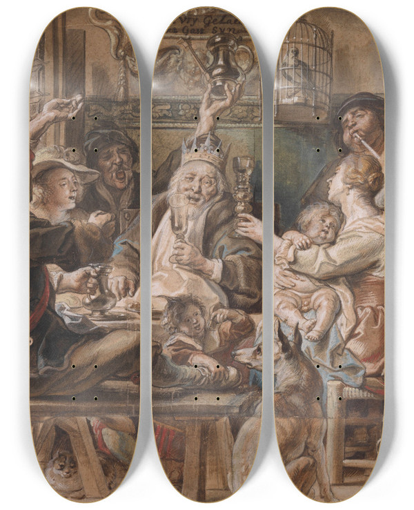 Triptych art skateboard deck of Jacob Jordaens The King Drinks by Jacob Jordaens (1593-1678)