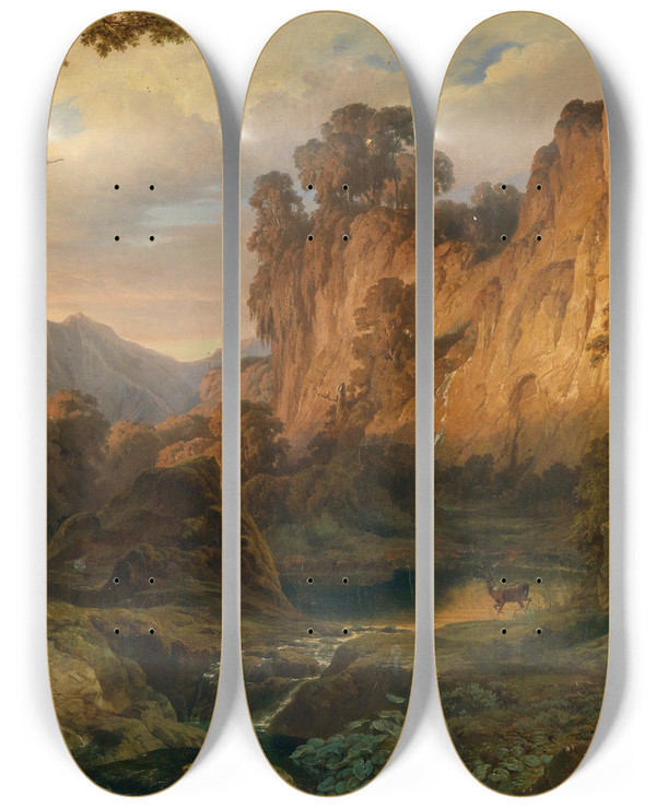 Triptych art skateboard deck of Edmund Von Wrndle Romantische Landschaft Im Abendlicht by Edmund Von Worndle (1827-1906)