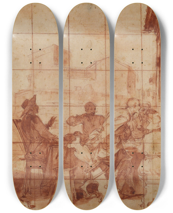 Triptych art skateboard deck of Baldassarre Franceschini Wine Jest by Baldassarre Franceschini (1611-1689)