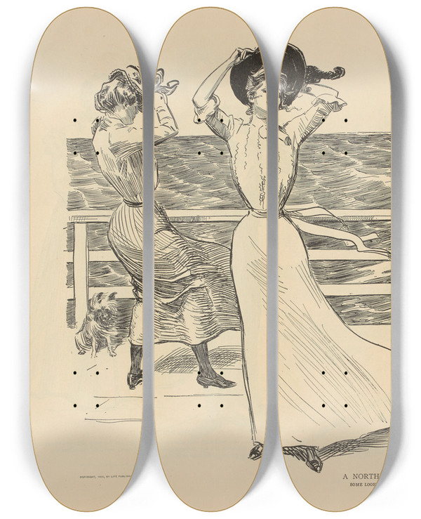 Triptych art skateboard deck of Charles Dana Gibson A Northeaster_2 by Charles Dana Gibson (1867-1944)