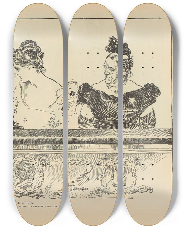Triptych art skateboard deck of Charles Dana Gibson At The Opera_1 by Charles Dana Gibson (1867-1944)