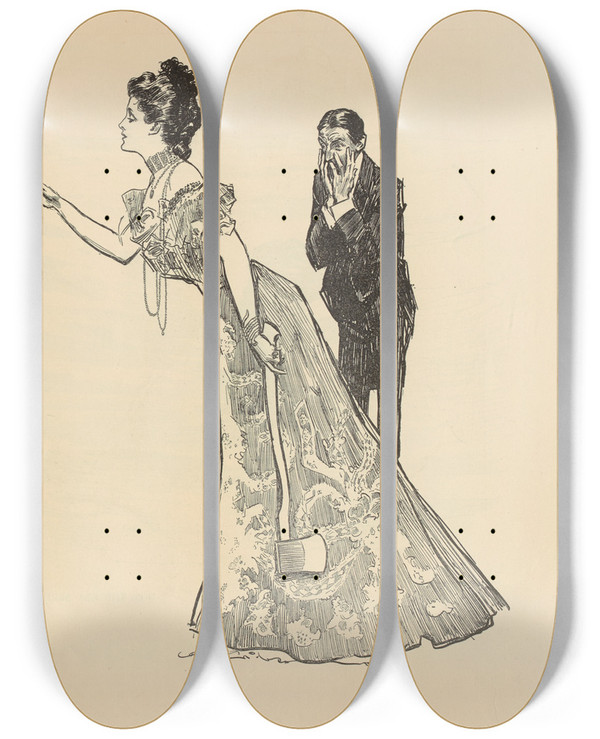 Triptych art skateboard deck of Charles Dana Gibson Rival Beauties_2 by Charles Dana Gibson (1867-1944)
