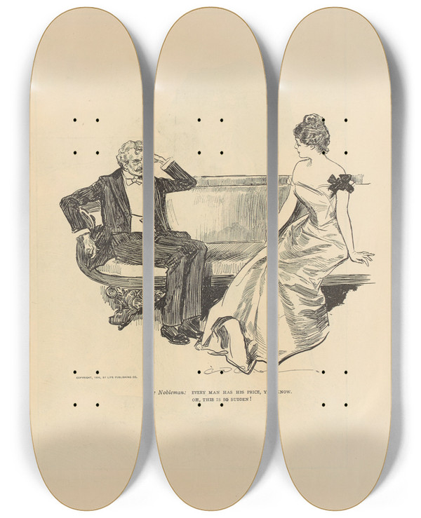 Triptych art skateboard deck of Charles Dana Gibson She I Have The True Social Instinct by Charles Dana Gibson (1867-1944)