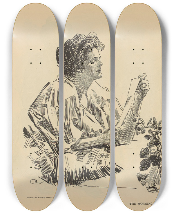 Triptych art skateboard deck of Charles Dana Gibson The Morning Note_2 by Charles Dana Gibson (1867-1944)