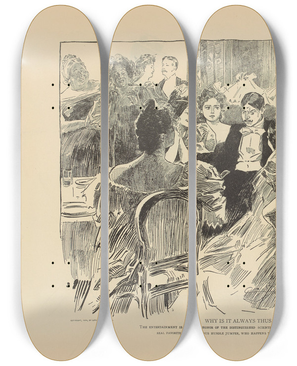 Triptych art skateboard deck of Charles Dana Gibson Why Is It Always Thus_2 by Charles Dana Gibson (1867-1944)