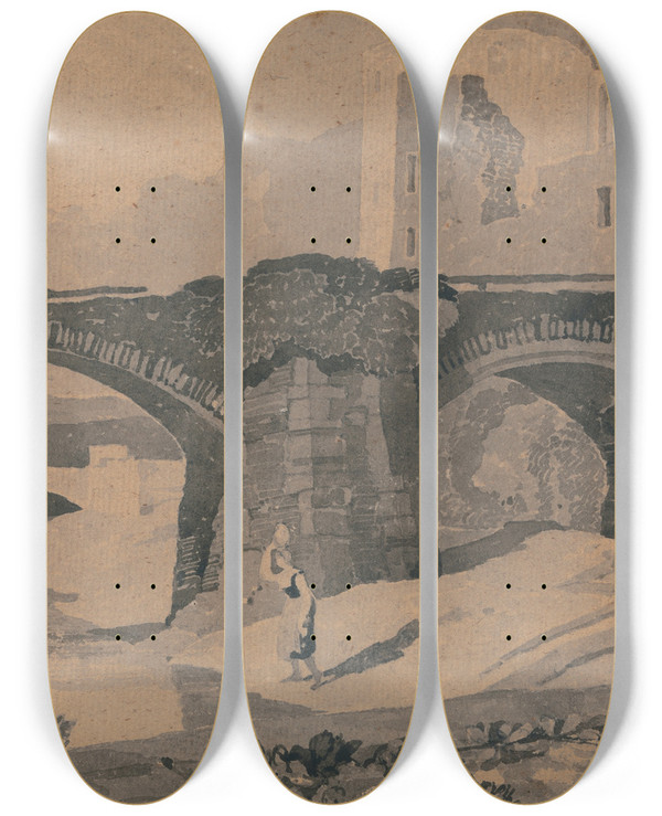 Triptych art skateboard deck of John Sell Cotman Brecon Bridge by John Sell Cotman (1782-1842)