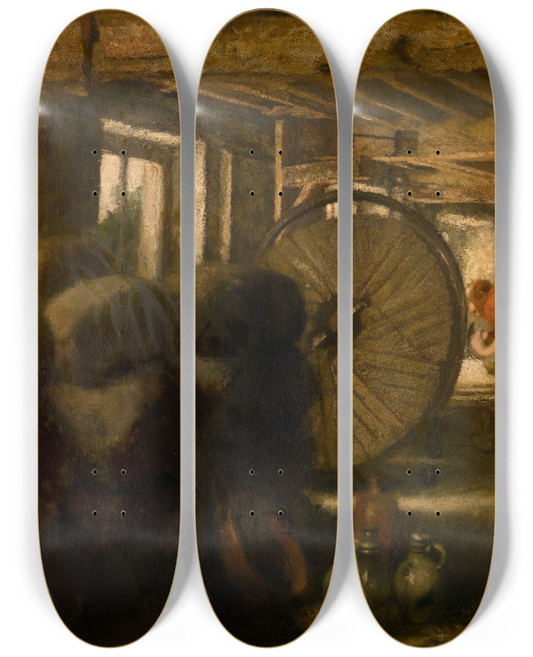 Triptych art skateboard deck of Jan Stobbaerts Interior Of A Mill by Jan Stobbaerts (1838-1914)