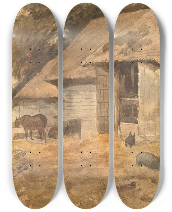 Triptych art skateboard deck of Peter De Wint Farmyard At Compton by Peter De Wint (1784-1849)