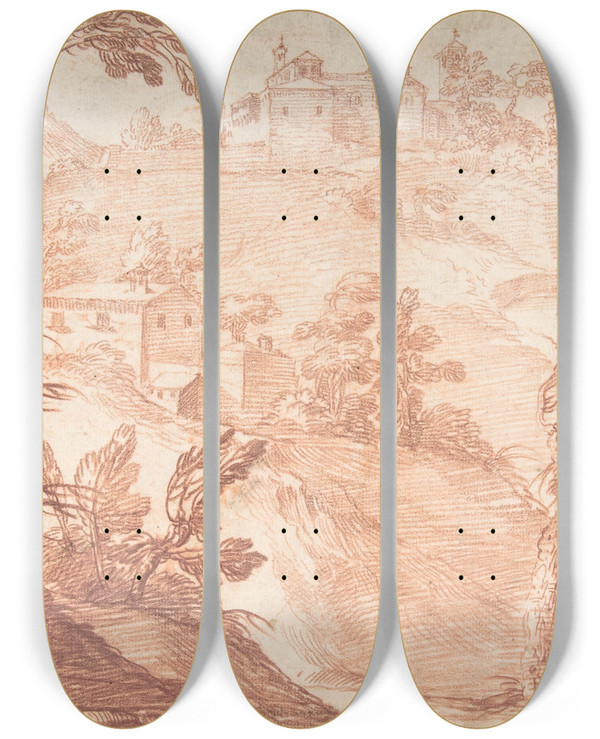 Triptych art skateboard deck of Aureliano Milani Hilly Landscape With Three Figures by Aureliano Milani (1675-1749)