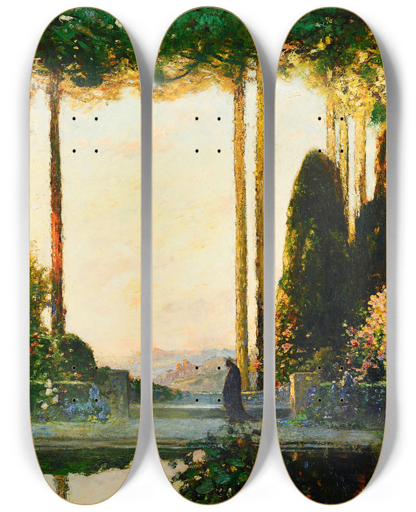 Triptych art skateboard deck of Thomas Edwin Mostyn An Enchanted Garden by Thomas Edwin Mostyn (1864-1930)