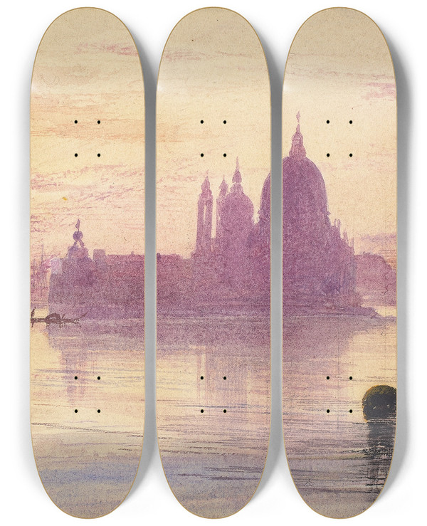 Triptych art skateboard deck of Edward Lear Santa Maria Della Salute Venice At Sunset by Edward Lear (1812-1888)