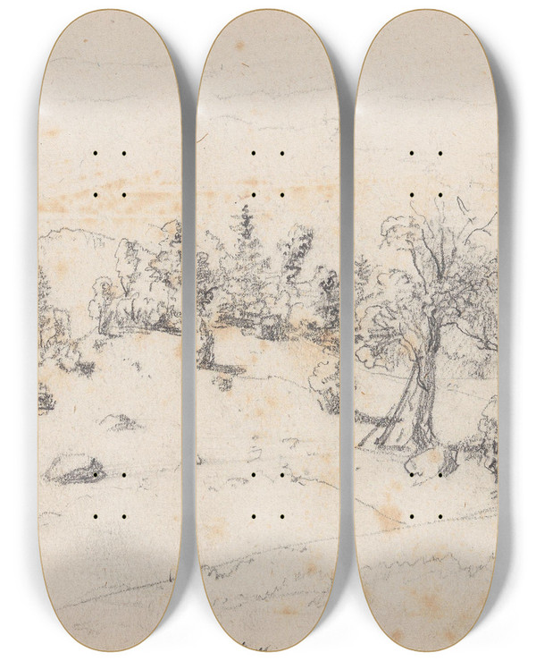 Triptych art skateboard deck of Adolph Tidemand Fra Veme by Adolph Tidemand (1814-1876)