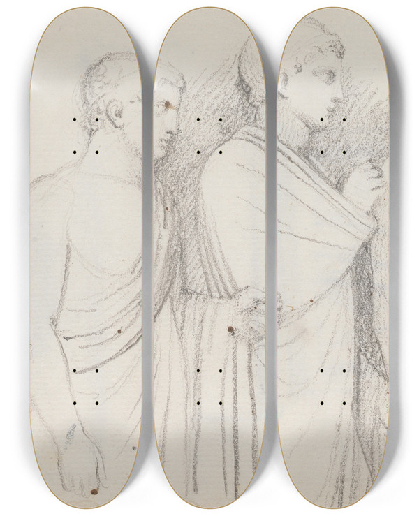 Triptych art skateboard deck of John Flaxman Three Male Figures Threequarter Length by John Flaxman (1755-1826)