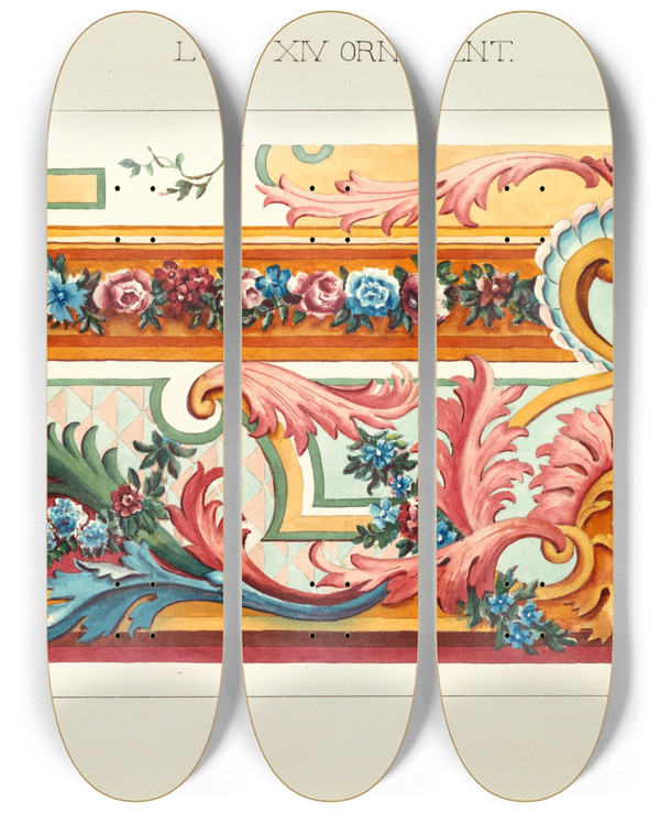 Triptych art skateboard deck of Elizabeth A Nedwill Louis Xiv Ornament by Elizabeth A Nedwill (19-)