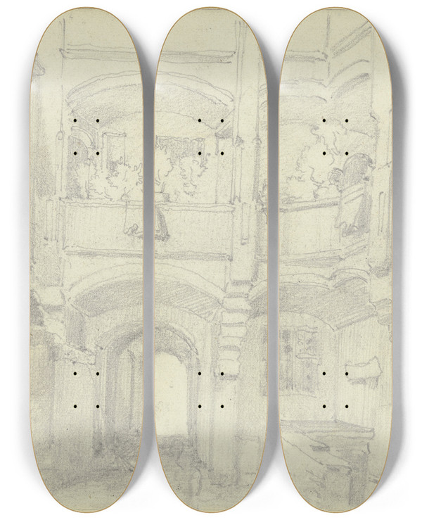 Triptych art skateboard deck of Johann Friedrich Hoff Inner Yard In Munich by Johann Friedrich Hoff (1832-1913)