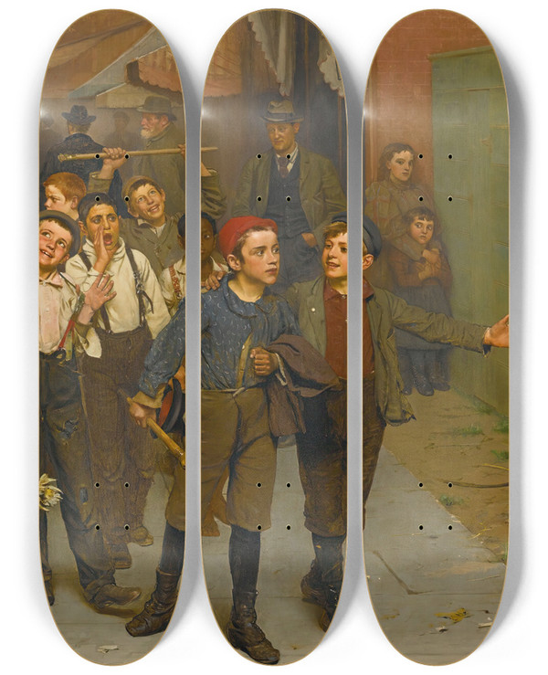 Triptych art skateboard deck of John George Brown Our Gang by John George Brown (1831-1913)