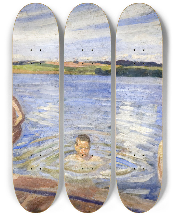 Triptych art skateboard deck of Peter Hansen Boys Bathing by Peter Hansen (1868-1928)