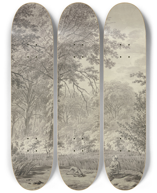 Triptych art skateboard deck of Leendert Overbeek An Einer Waldlichrung Ein Mdchen Mit Einem Korb Bei Einem Hund Sitzend by Leendert Overbeek (1752-1815)