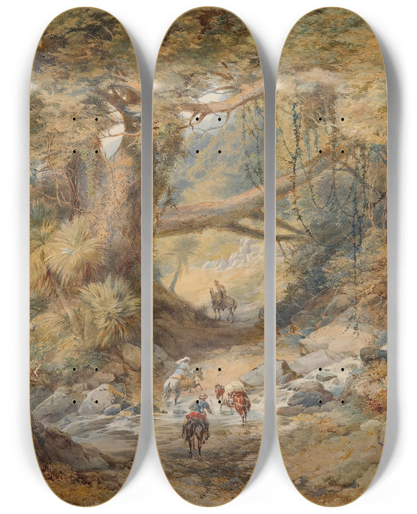 Triptych art skateboard deck of Nicholas Chevalier Crossing The Teremakau River by Nicholas Chevalier (1828-1902)