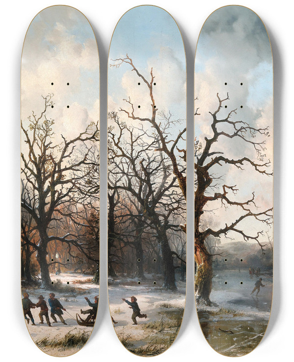 Triptych art skateboard deck of Josef Carl Berthold Pttner Winter Pleasures by Josef Carl Berthold Puttner (1821-1881)