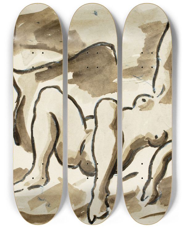 Triptych art skateboard deck of Carl Newman Reclining Nude by Carl Newman (1858-1932)