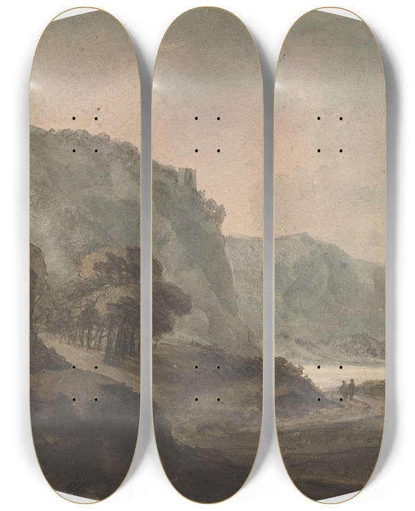 Triptych art skateboard deck of William Gilpin Two Men Walking In A Landscape by William Gilpin (1724-1804)