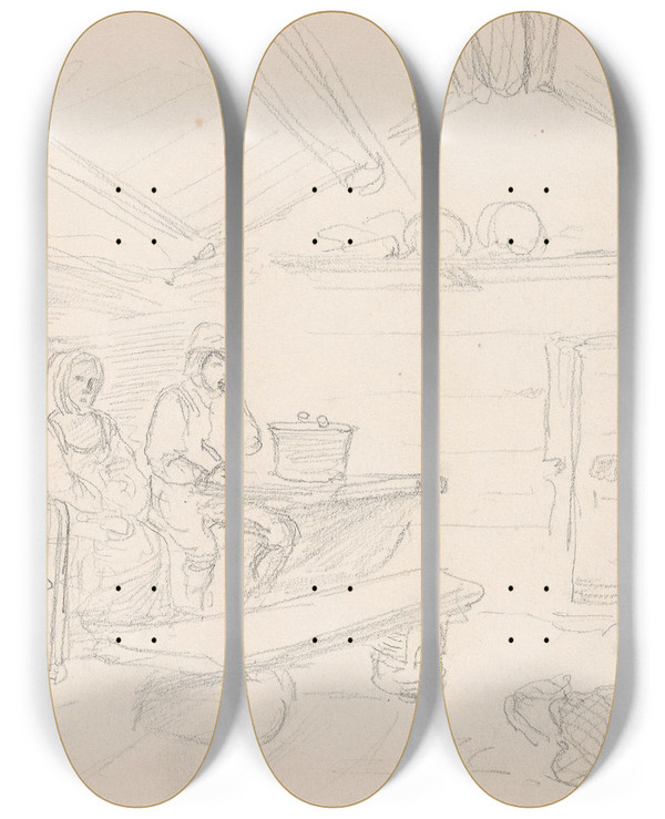 Triptych art skateboard deck of Adolph Tidemand Figurer I Interir Torrbergsstern by Adolph Tidemand (1814-1876)