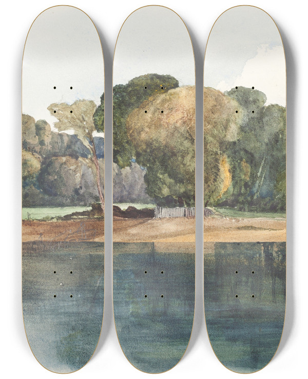 Triptych art skateboard deck of Rev James Bulwer Landscape With Trees And Water by Rev James Bulwer (1794-1879)