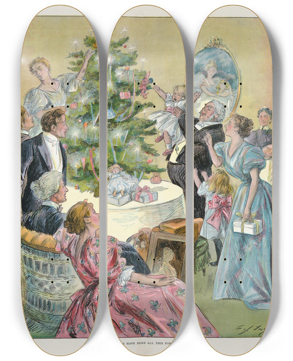 Triptych art skateboard deck of Charles Jay Taylor He Laughs Best Who Laughs Last_2 by Charles Jay Taylor (1855-1929)