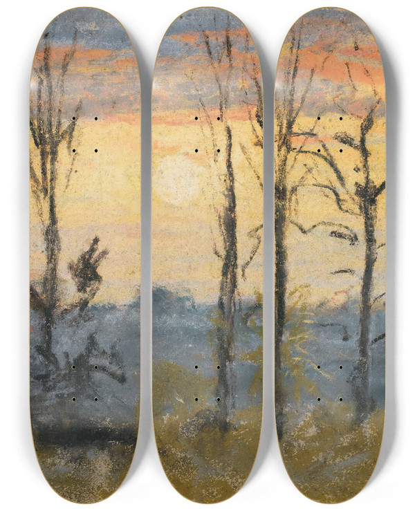 Triptych art skateboard deck of Camille Pissarro Coucher De Soleil by Camille Pissarro (1830-1903)