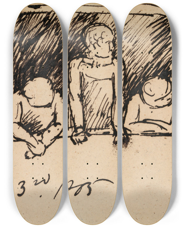 Triptych art skateboard deck of Benjamin Robert Haydon Study Of Three Figures Leaning On A Windowsill by Benjamin Robert Haydon (1786-1846)