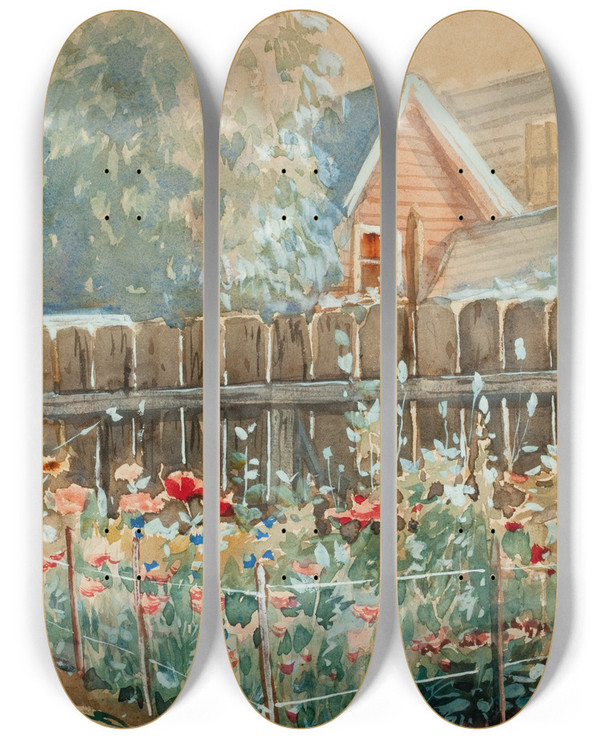 Triptych art skateboard deck of Anthony Thieme Floral Garden by Anthony Thieme (1888-1954)