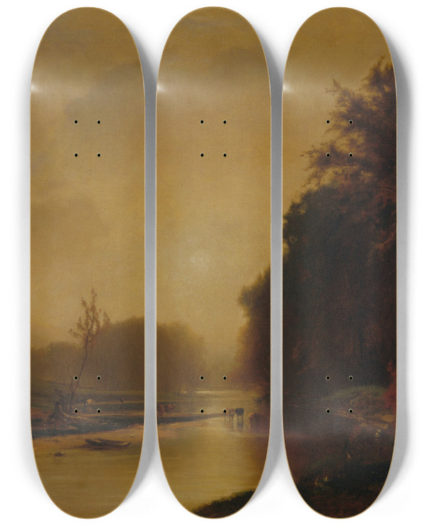 Triptych art skateboard deck of George Inness Autumn Meadows by George Inness (1825-1894)