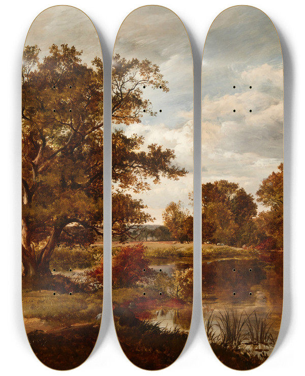 Triptych art skateboard deck of Sidney Richard Percy On The River Mole by Sidney Richard Percy (1821-1886)