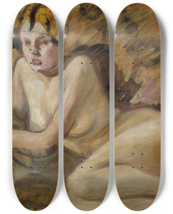 Triptych art skateboard deck of Helmer Osslund Recumbent Model by Helmer Osslund (1866-1938)