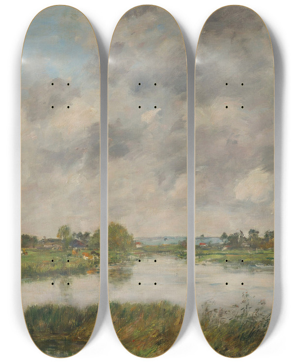 Triptych art skateboard deck of Eugne Boudin La Rivire Morte Deauville by Eugene Boudin (1824-1898)