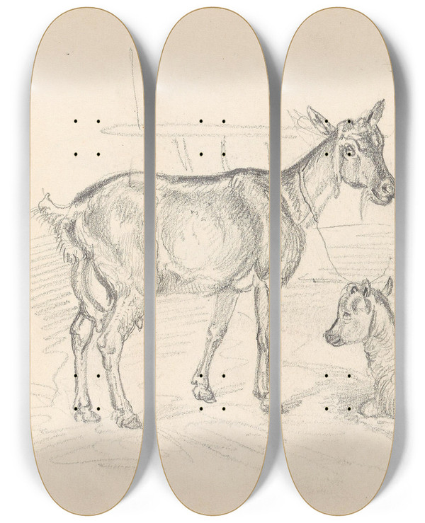 Triptych art skateboard deck of Adolph Tidemand Geit Og Killing by Adolph Tidemand (1814-1876)
