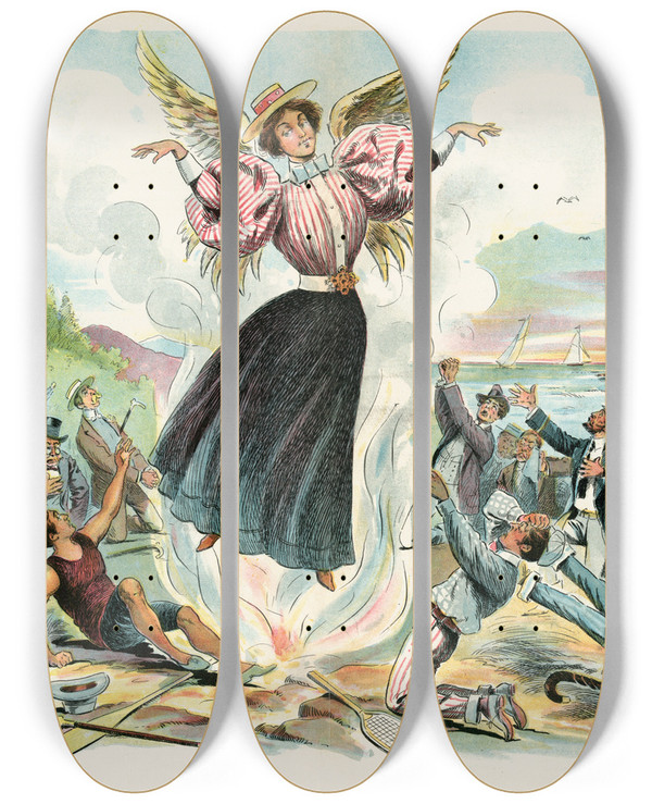 Triptych art skateboard deck of Samuel Ehrhart The Phnixlike Summer Girl by Samuel Ehrhart (1862-1937)
