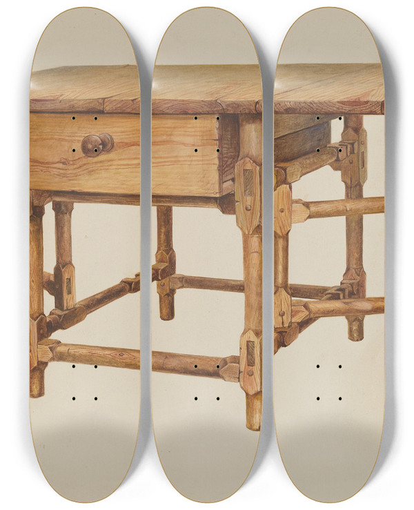 Triptych art skateboard deck of Amos C Brinton Gatelegged Dining Table by Amos C Brinton
