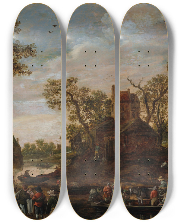 Triptych art skateboard deck of Jan Van Goyen The Ferry by Jan Van Goyen (1596-1656)