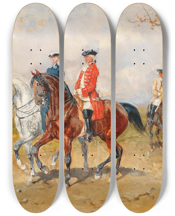 Triptych art skateboard deck of Alexander Von Bensa Der Ausritt by Alexander Von Bensa (1820-1902)