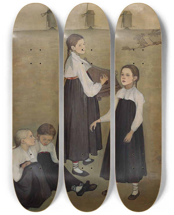 Triptych art skateboard deck of Beda Stjernschantz Everywhere A Voice Invites Us by Beda Stjernschantz (1867-1910)