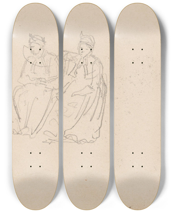 Triptych art skateboard deck of Adolph Tidemand Figurstudier Fra Bryllup I Gulsvik by Adolph Tidemand (1814-1876)
