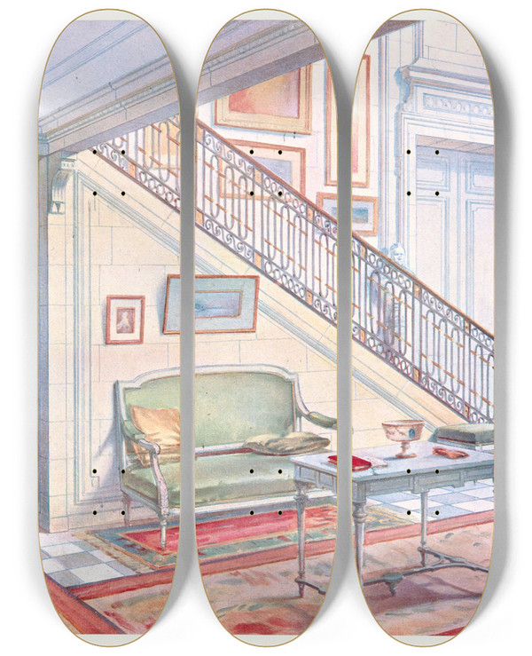 Triptych art skateboard deck of Georges Rmon Dpart Descalier Et Partie De Vestibule Dtail by Georges Remon (1889-1963)