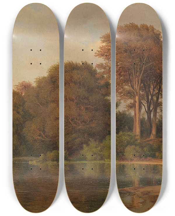 Triptych art skateboard deck of Louis Gurlitt Sommerlandschaft Mit Seeufer by Louis Gurlitt (1812-1897)