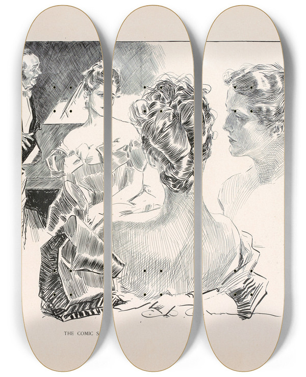 Triptych art skateboard deck of Charles Dana Gibson The Comic Song_1 by Charles Dana Gibson (1867-1944)