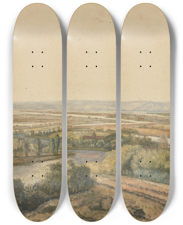 Triptych art skateboard deck of Philips Koninck River Landscape by Philips Koninck (1619-1688)