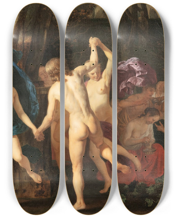 Triptych art skateboard deck of Jacob Van Loo A Bacchanal by Jacob Van Loo (1614-1670)
