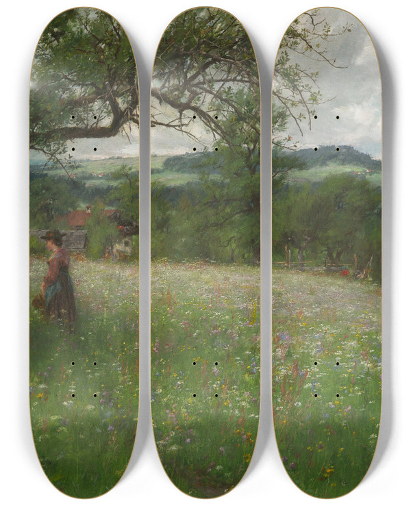 Triptych art skateboard deck of Johann Sperl Sommertag Bei Kutterling by Johann Sperl (1840-1914)