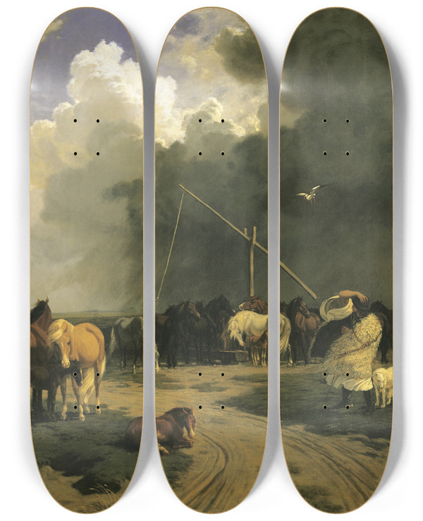 Triptych art skateboard deck of Kroly Lotz Horses In A Rainstorm by Karoly Lotz (1833-1904)